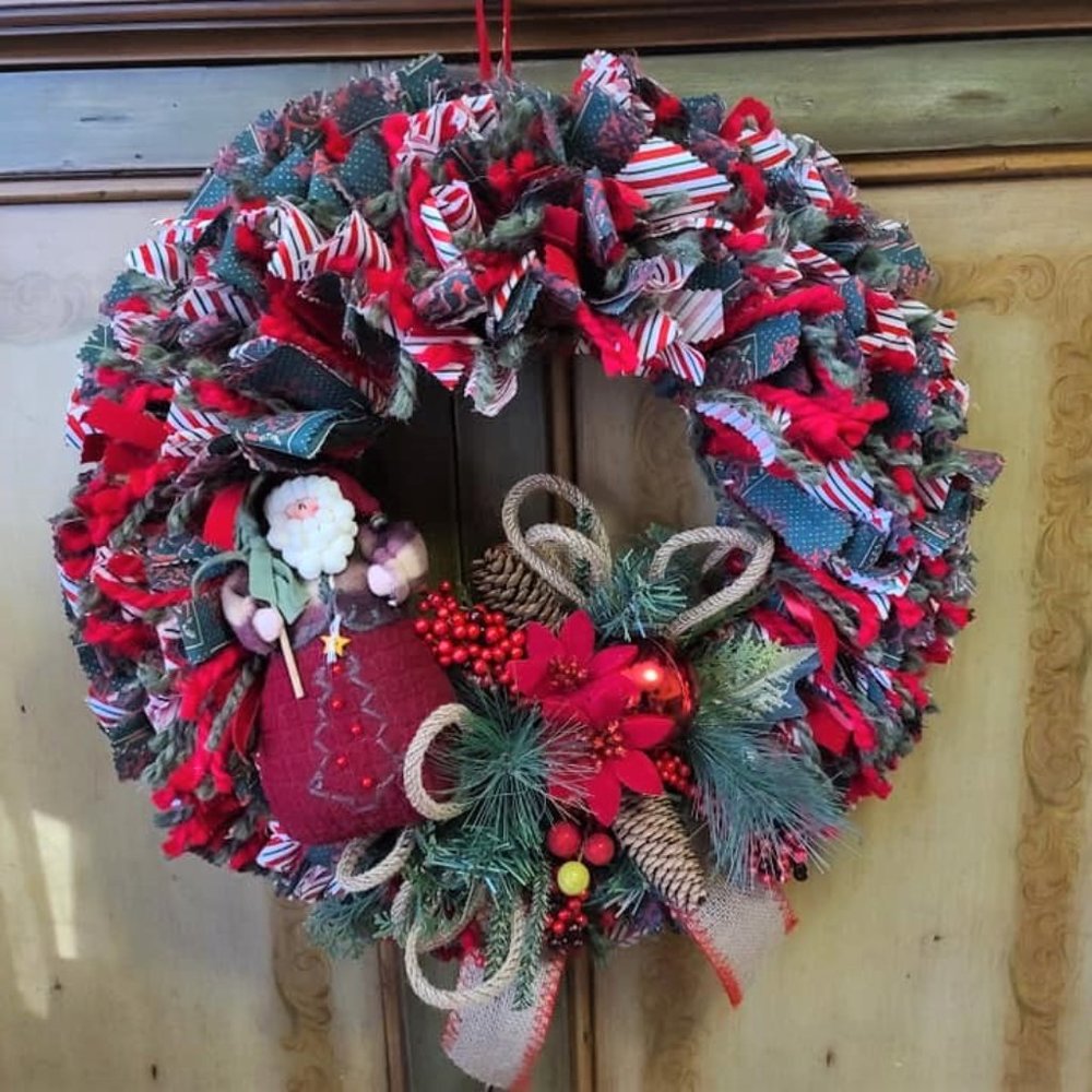 Handmade Wreath, Rag Wreath with Santa, Made from Fabric, Yarn, and Fabric Arts
